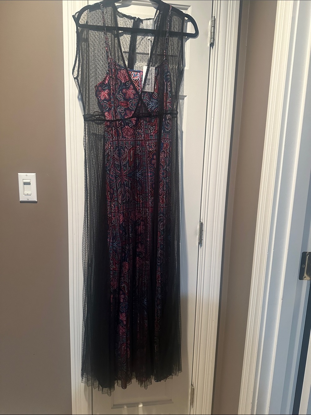 Johnny Was Black Mesh Overlay Maxi Dress with Pink & Blue Paisley Print